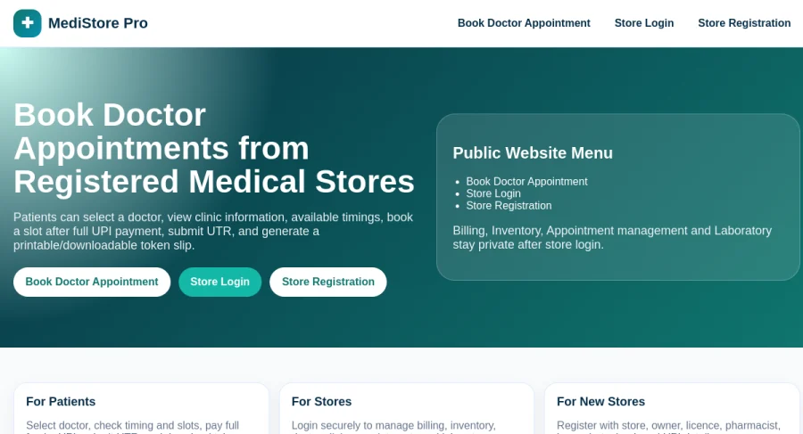 MediStore Pro — Medical Store Suite — website screenshot